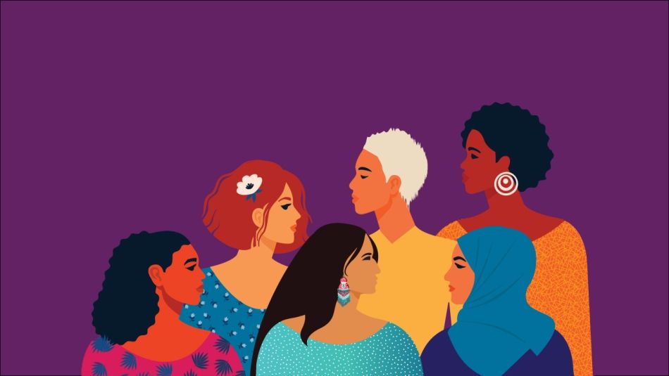 illustration of six different women on a purple background