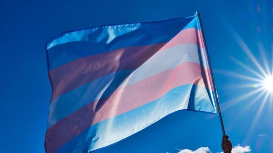 A trans flag flies against a blue sky.