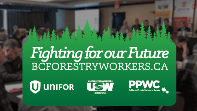 Green logo with text 'Fighting for our Future', bcforestryworkers.ca url, and logos of Unifor, USW, and PPWC.